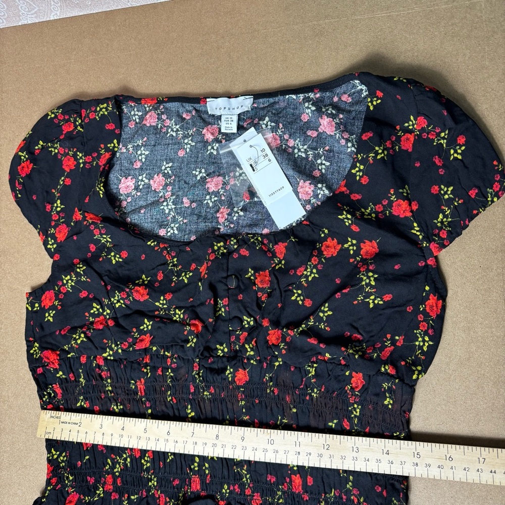 NWT Topshop Shirred Cap Sleeve Rose Print Retro Pinup Cherrygirl Size 6 - Picture 5 of 9